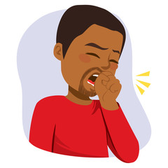 Illustration of young black man coughing with fist in front of mouth