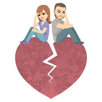 Angry Couple Sitting On Big Red Broken Heart Divorce Argument Breakup Concept