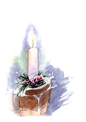 Burning candle and Christmas decoration on white background. Watercolor hand drawn illustration. Magic festive mood. Vintage Card. X-Mas.