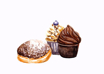 Tasty Chocolate and caramel cupcakes and doughnut on black table. Hand drawn watercolor illustration.