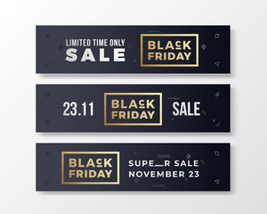Naklejka premium Black Friday Stylish Premium Banners Set. Modern Typography Concept. Golden and White with Abstract Decorative Elements, Soft Realistic Shadow Glitter.
