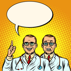 Two doctors joyful and skeptical. Medicine and health