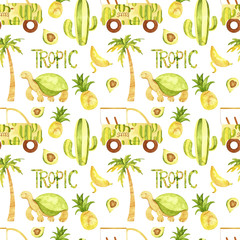 Watercolor tropic seamless pattern. Cute tropic animals pattern. Perfect for you postcard design, wallpaper, print, invitations, patterns, travel, poster, packaging etc. - 223187525