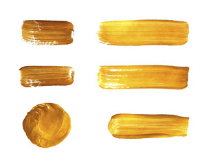 Vector Golden Paint Strokes, Realistic Design Elements Collection Isolated.