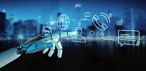 White robot controlling social network icons interface