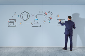 Businessman drawing thin line social network icons interface