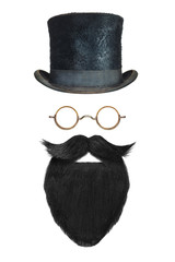 Vintage gentleman hat, glasses and black beard with curly mustache isolated on white