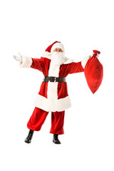 santa claus with outstretched arms holding sack isolated on white