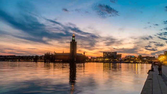 Stockholm City Hall Sunset over the Bay Time Lapse