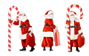 collage of santa claus with candy cane and shopping bags in various poses isolated on white