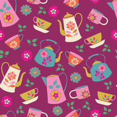 seamless pattern with teapots, cups and flowers