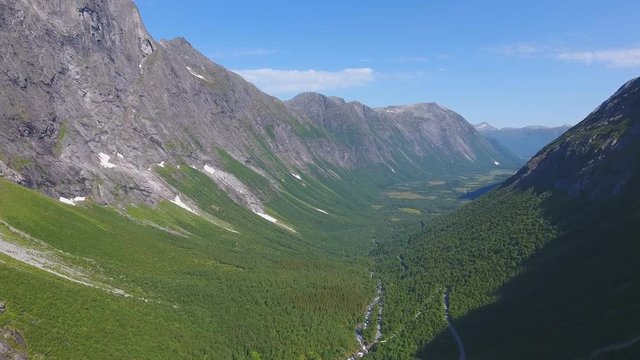 Aerial view of norwegian valley around Trollstigen road in Norway
