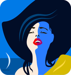 Stylish beautiful model for fashion design. Art deco graphic illustration. Portrait of pretty girl on sea coast. Elegant vector style.