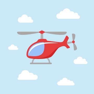 Red cartoon helicopter is flying in a blue sky with white clouds. Illustration for child. Flat style. Vector Icons.