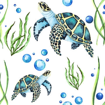 Watercolor Bright Paterrn with Sea Turtles and Seaweed and Bubbles