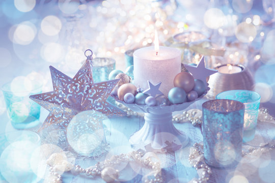 Pastel colored christmas table decoration background
