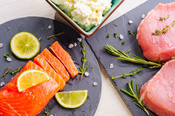 Different protein sources - pork, trout, chicken breast, cottage cheese