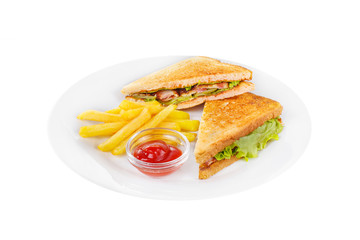 Sandwich with bacon, lettuce, marinated, pickled cucumber, French fries and ketchup, barbecue sauce. Side view. Serving for a cafe, a restaurant in the menu. Isolated, white background