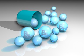 Opened blue capsule with vitamin B6 pills. Pyridoxine drops. Vitamin and mineral complex. Healthy life concept. 3d illustration