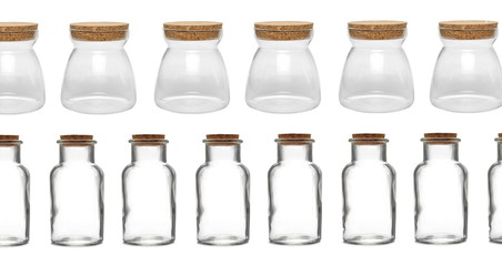 Collection retro glass bottle and empty jar isolated on white, with clipping path