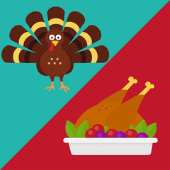 Fototapeta premium Happy thanksgiving celebration icon. Baked turkey. Traditional food. Thanksgiving turkey with fruits and vegetables. Vector illustration