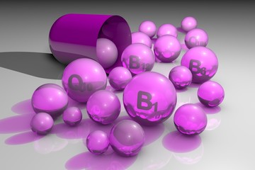 Essential vitamins B1, B6, B12 and coenzyme Q10 pills . Vitamin and mineral complex. Healthy life concept. 3d illustration