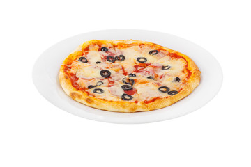 Mini, small pizza with olives, cheese, bacon, tomatoes, whole round, cut into pieces, on a white isolated background. Fast food in a pizzeria, a floury cheese product. Side view