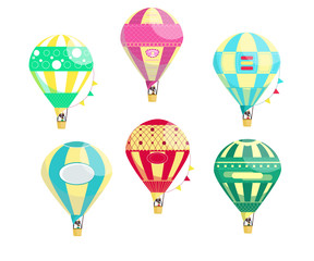 Set of six vivid colourful hot air balloons with a man in the basket isolated on the white background