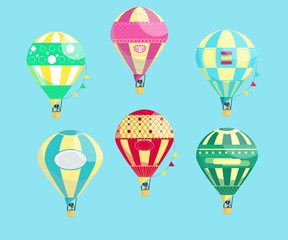 Set of six vivid colourful hot air balloons with a man in the basket on the blue background