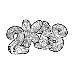 New year 2K18. Monster doodle date. Ornate holiday symbol.