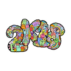 New year 2K18. Monster doodle date. Ornate holiday symbol.