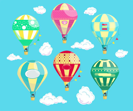 Set of six vivid colourful hot air balloons with clouds on the blue background