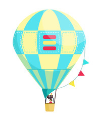 Blue and yellow flat hot air balloon with cells, flags and a man in the basket on festival or holiday