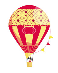 Red and yellow flat hot air balloon with pattern, flags and a man in the basket on festival or holiday