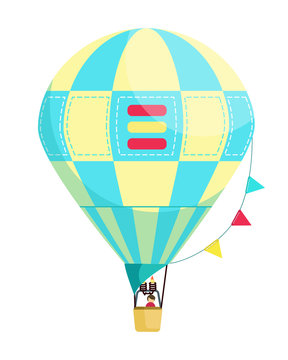 Blue and yellow flat hot air balloon with cells, flags and a man in the basket on festival or holiday