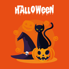 halloween card with pumpkin and cat characters