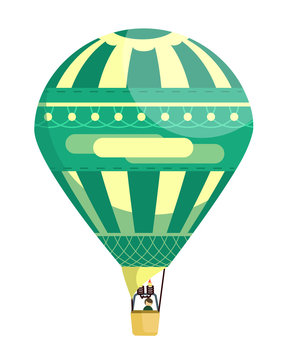 Green and yellow flat hot air balloon with pattern and a man in the basket on festival or holiday