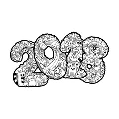 New year 2018. Monster doodle date. Ornate holiday symbol.