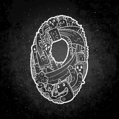 Hand drawn doodled kids numbers. Cute monstred numbers, math symbols.