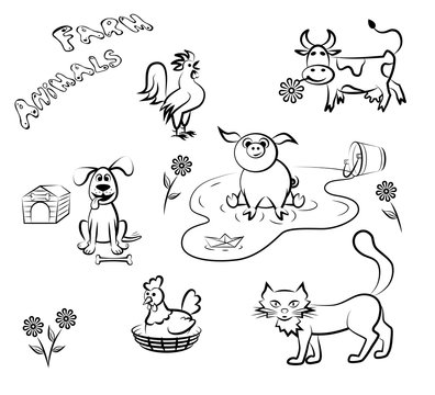 Farm animals in a linear style. Set of vector illustration.