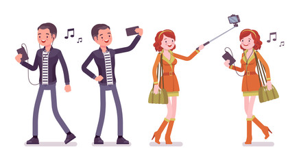 Young man and woman with gadgets, taking selfie