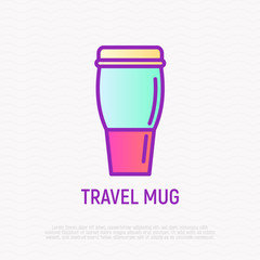 Travel mug thin line icon. Modern vector illustration of thermos for beverages.