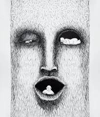 Fototapete Surrealismus Schöne stilisierte Schwarz-Weiß-Illustration von Hand, die ein gestyltes Gesicht mit drei Personen darin darstellt