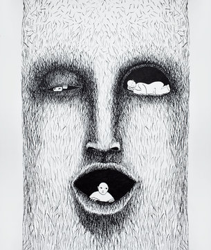 Beautiful black and white stylized illustration made by hand that represents a stylezed face  with three people inside of it