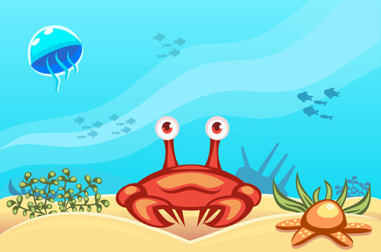 Illustration of a crab on underwater vector world background with jellyfish, fishes, seaweed, ship, sand and a starfish