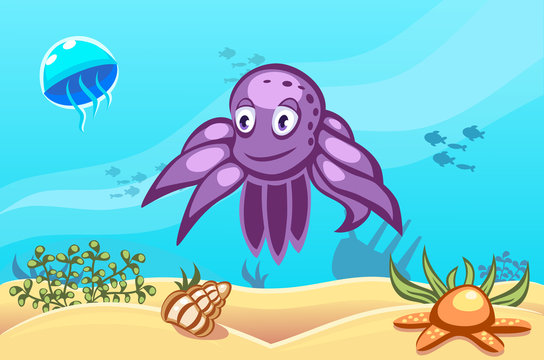 Illustration of an octopus on underwater vector world background with jellyfish, fishes, seaweed, ship, sand, seashell and a starfish