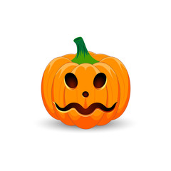 Pumpkin on white background. The main symbol of the Happy Halloween holiday. Orange pumpkin with smile for your design for the holiday Halloween. Vector illustration.
