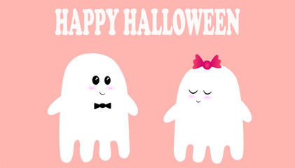 Flying ghosts wish you a happy Halloween.Ghosts of girls and boys are cute. Scary White Ghost. Cute little flying ghosts . Smiling face, hands. Flat design. Vector ill