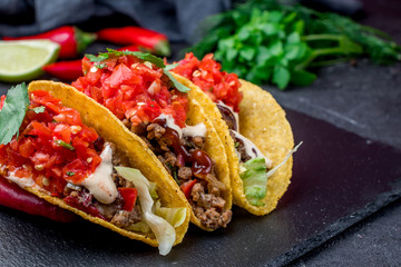 Mexican tacos with beef and salsa - obrazy, fototapety, plakaty