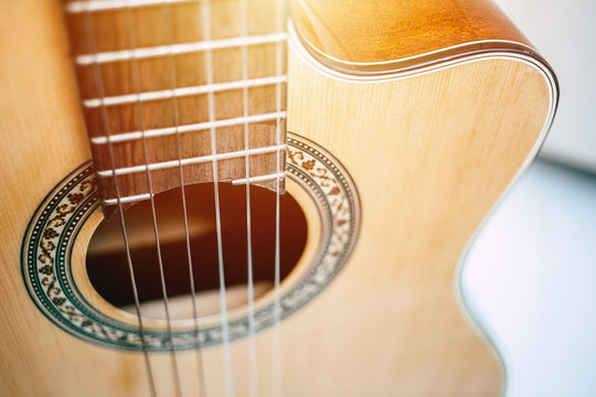 closeup acoustic guitar sound hole